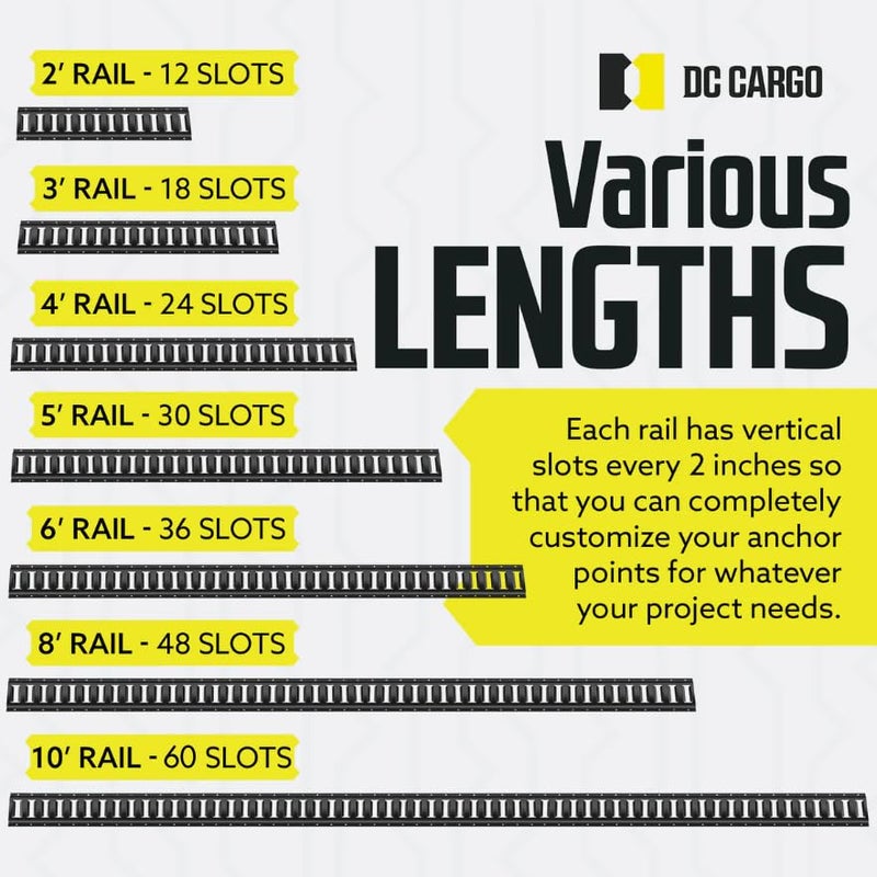 DC Cargo Mall مجموعة سكة ربط DC Cargo Mall E بطول 2' (عبوة 2) للمرائب، الفانات، المقطورات، ربط الدراجات النارية، تثبيتات ATV - طلاء مسحوق أسود - تأمين الحمولة والأحمال الثقيلة حتى 2,000 رطل - Image 5